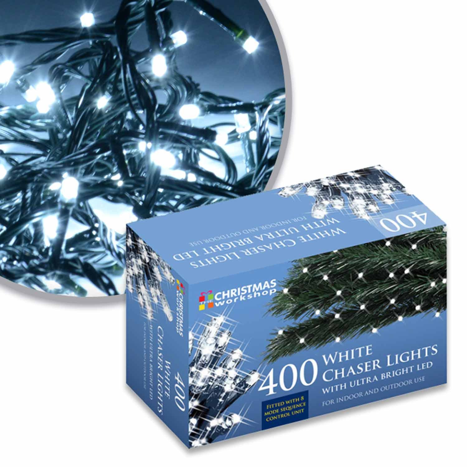 The Christmas Workshop 76120 400 LED Bright White Chaser Christmas Lights/Indoor or Outdoor Fairy Lights / 27.9 Metres / 8 Light Modes/Great for Christmas, Weddings & Gardens
