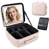Faquenc Travel Makeup Bag with LED Mirror 3 Color Modes,10.2-in Pink Vegan Leather Makeup Organizer Bag with Adjustable EVA Dividers and Independent Brush Panel
