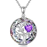 LUANIOL Tree Of Life Birthstone Necklace 925 Sterling Silver Crystal Family Tree Pendant Necklaces Heart Birthstone Jewelry For Women Female Anniversary Birthday Gifts