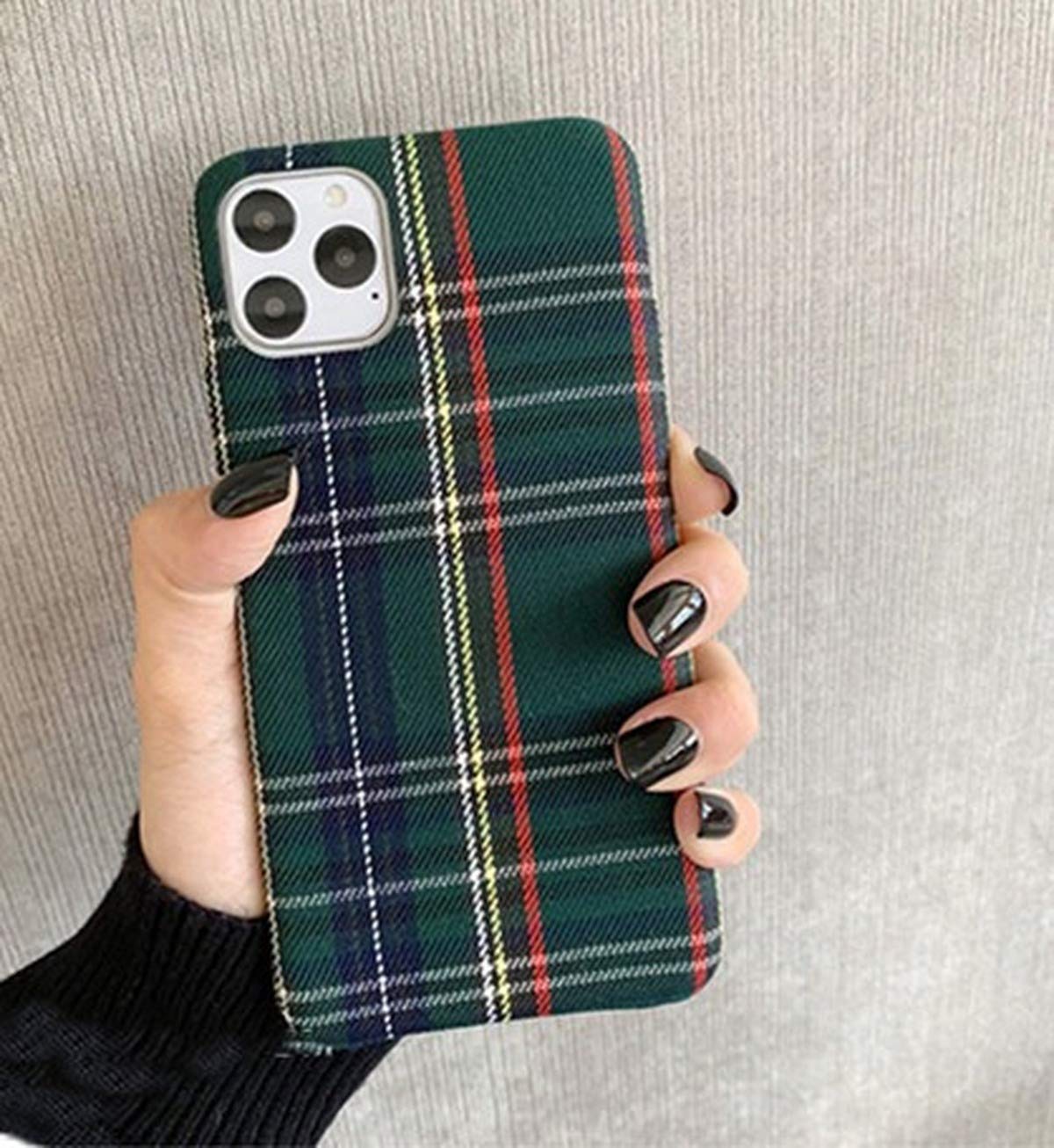 Photo 1 of Plaid Phone Case, Flannel Cloth Case for iPhone 16/15/14/13/12/11 Pro Max Plus Mini SE 2020 X XS Max XR Plush Scottish Tartan Grid Stripe Fabric Phone Cover (for iPhone 11 pro, Green)