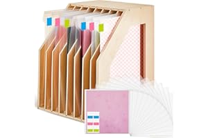 ReliThick 8 Slot 12 x 12 Inch Wood Scrapbook Paper Storage with 12pcs Clear Paper Storage Organizers 60 Pcs Sticky Index Tabs Office Home Scrapbook Paper Rack Shelf for Holding Heat Transfer Papers