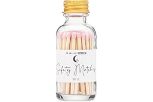 MOONLIGHT MAKERS Fancy Matches in Glass Bottle - 50 Matchsticks in Glass Jar with Striker - Home Decor Candle Accessories, Safety Matches with Colored Tips, and Strike Pad - Decorative Matches - Pink