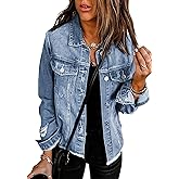 Necooer Women's Jean Jacket Distressed Washed Button Up Boyfriend Denim Jacket Coat With Pockets