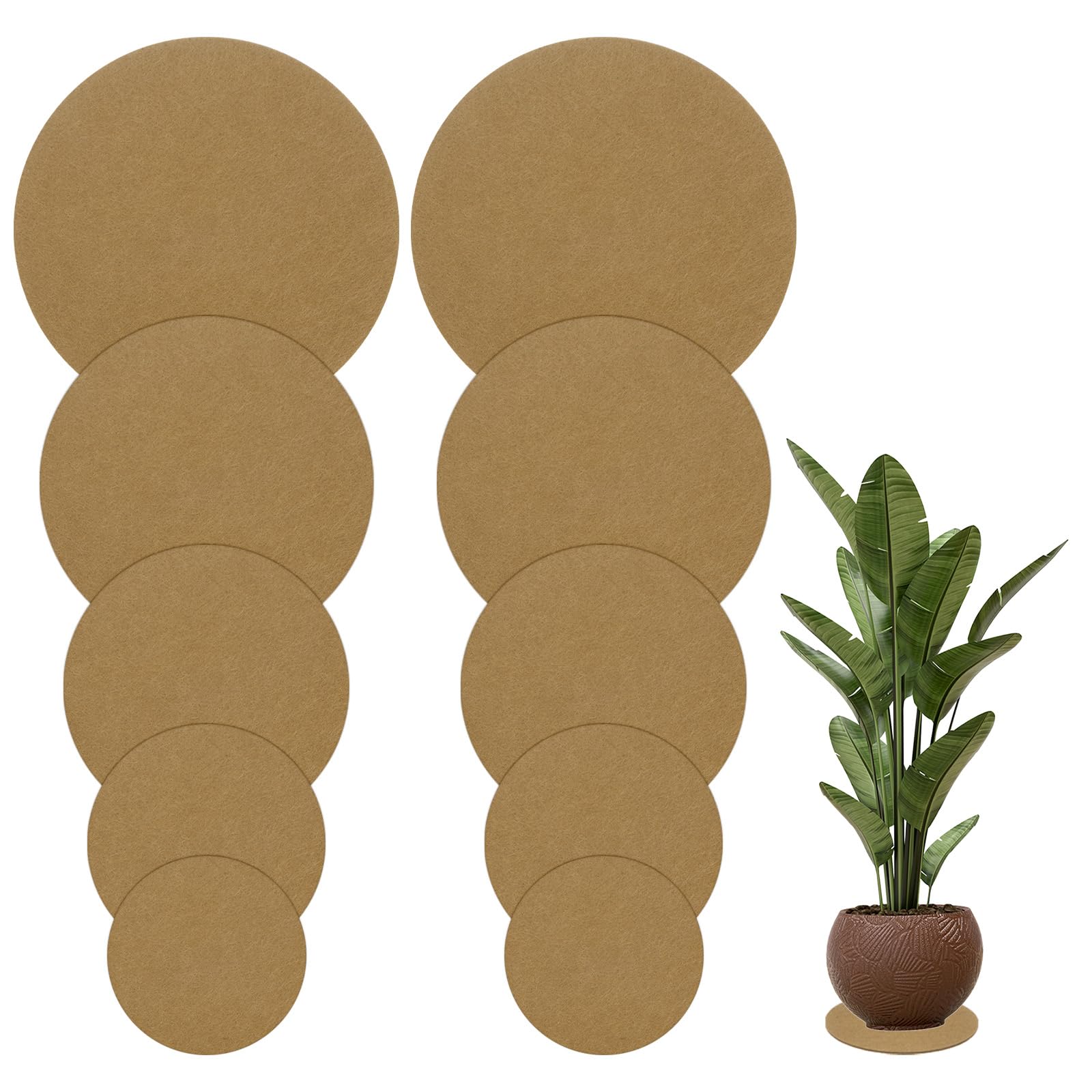 M METERXITY 10-Pack Felt Plant Coasters, 6/8/10/12/14 Inch Round Felt Coasters Plant Mats for House Plants Indoor/Waterproof Felt Pads for Plants/DIY Cork Pads [Brown]