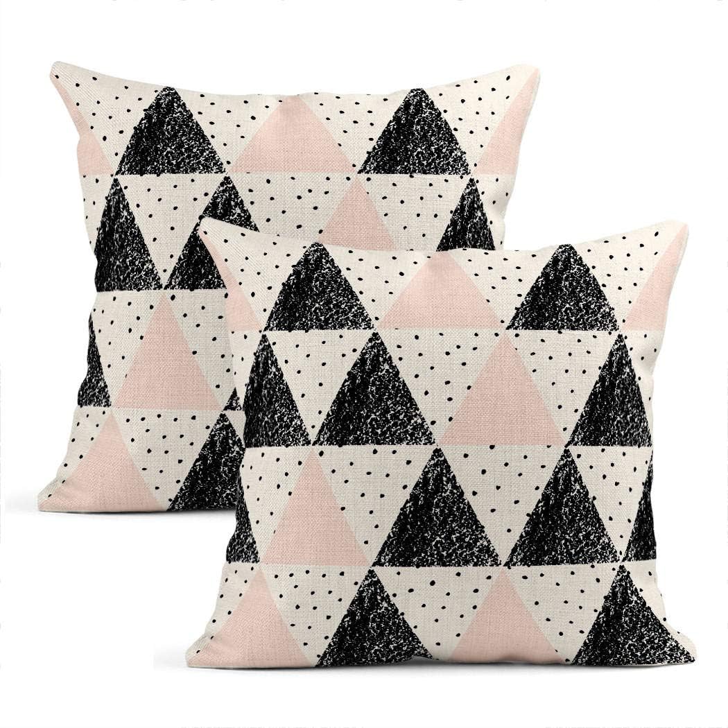 Nekkzi Cushion Covers Set of 2 Print Abstract Triangle Geometric Black White Pastel Pink Vintage Dots Triangles Linen Home Decorative Throw Pillow Cover 16x16 Inch Pillowcase Hidden Zipper