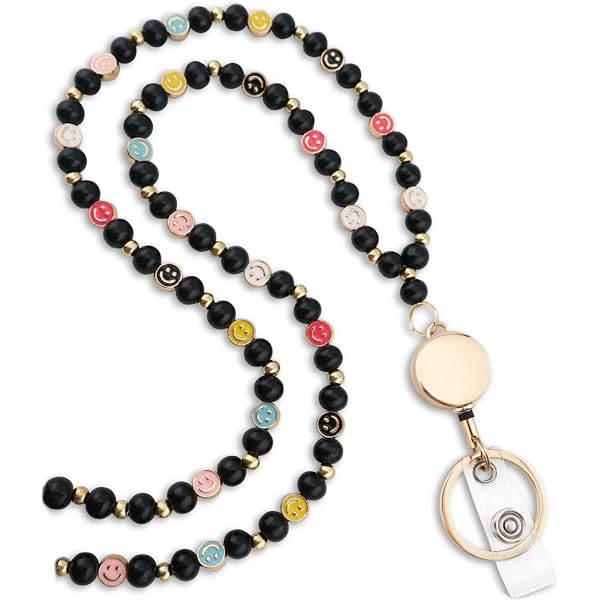 Glass Bead Stainless Steel Lanyard Necklace - Adjustable ID Badge Holder Keychain For Men & Women