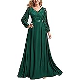 Miusol Women's Wedding Guest A-Line Dress Floral Lace Deep V Neck Long Sleeve Formal Evening Gown