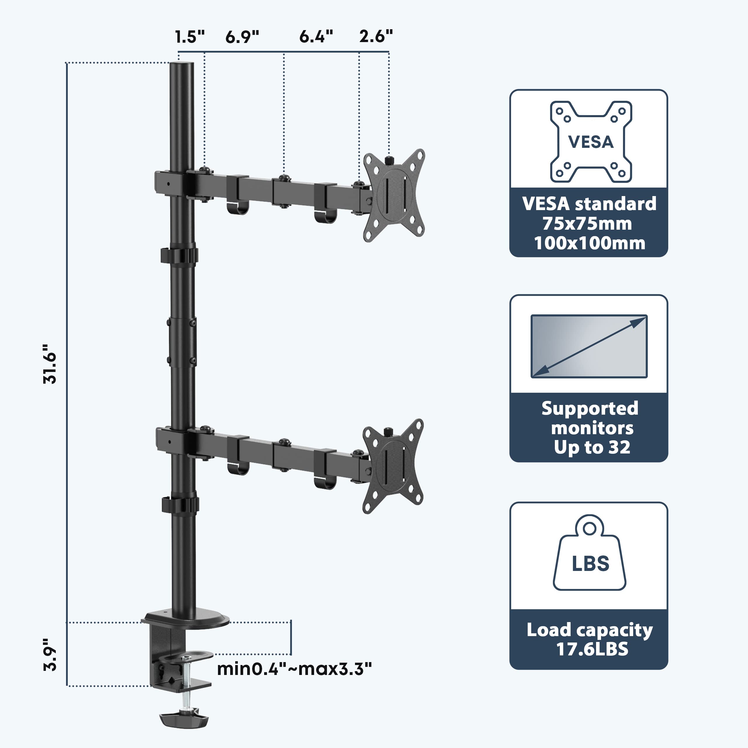 WORLDLIFT Dual monitor Vertical Stacked Desk Mount stand Fits 2 Screens up to 32 inches VESA compatible 75 100 Adjustable Arm Extra Tall Stand-up Pole Grommet C-Clamp Bases Space saving Black