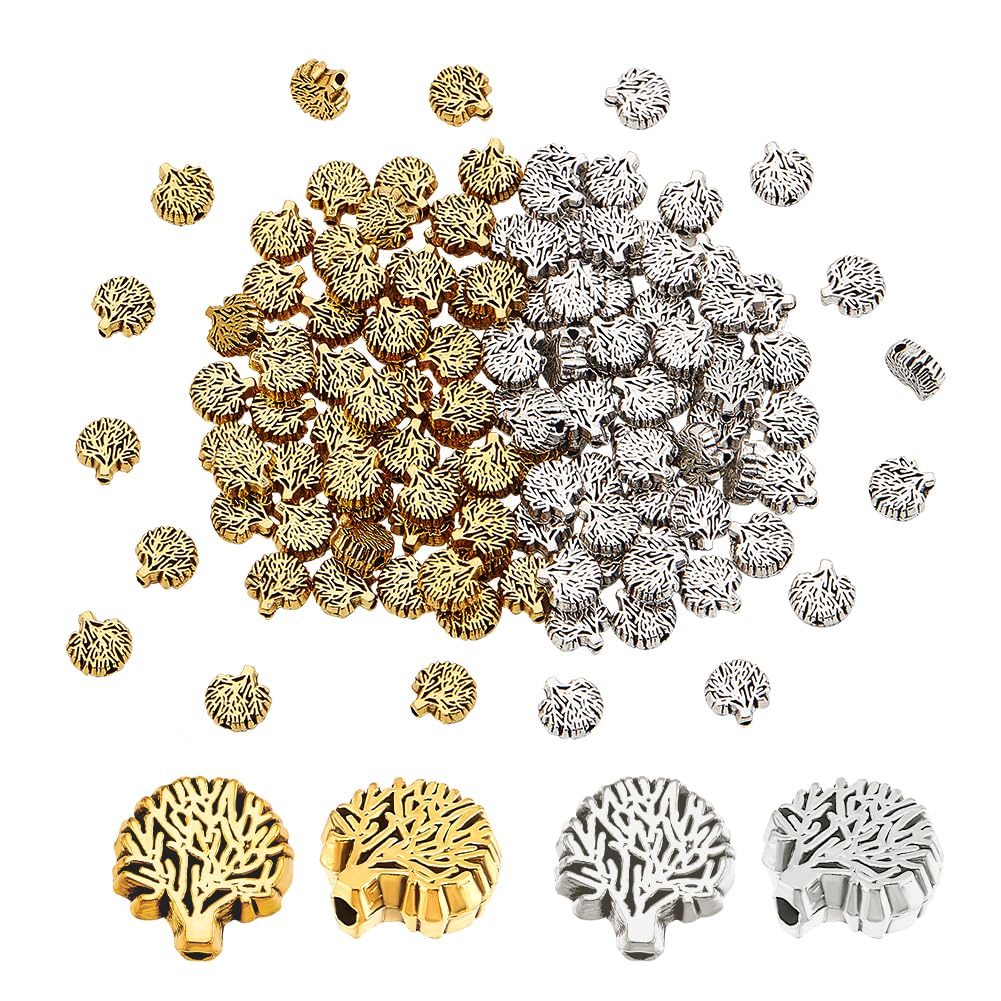 PH PandaHall 120pcs Tree of Life Spacer Beads Alloy Beads Tibetan Spacer Beads Loose Beads DIY for Necklace Bracelet Handcraft Works Decoration Jewelry Making Antique Golden Antique Silver 7.5mm