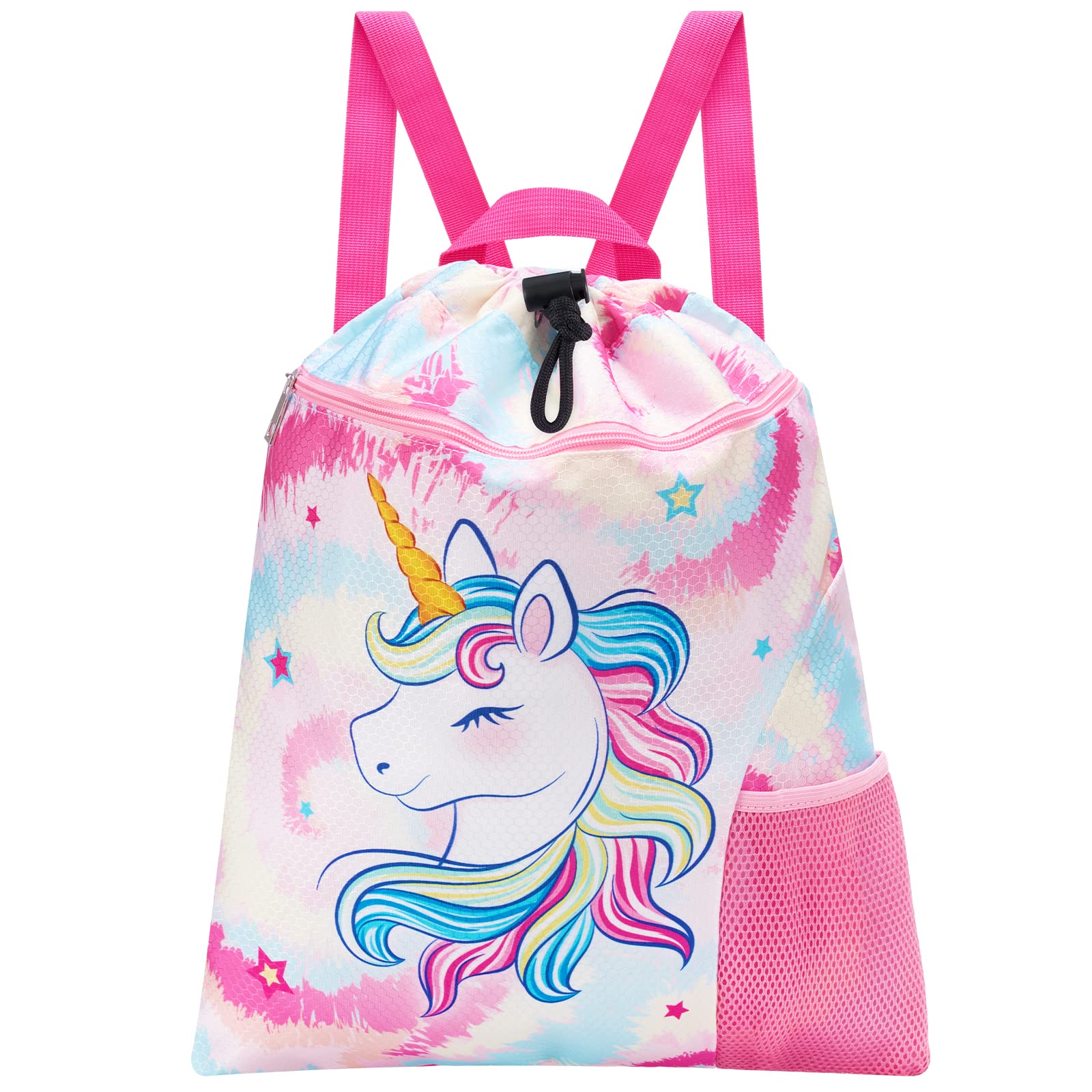 WAWSAM Unicorn Kids Drawstring Bag - Waterproof Swim Bags Gym Bag for Girls Portable Lightweight Backpack Sport School Beach Travel Swim Sackpack with Zipper Pocket Bottle Pocket