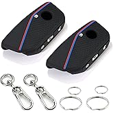 2 Pack Key Fob Cover for BMW- Soft Silicone Key Case for BMW 2024 2023 2025 7 Series IX I5 M60 X5 X7 X6 IX I7, 3 Button Car Key Protector with 2 Keychain, 4 Rings, Black
