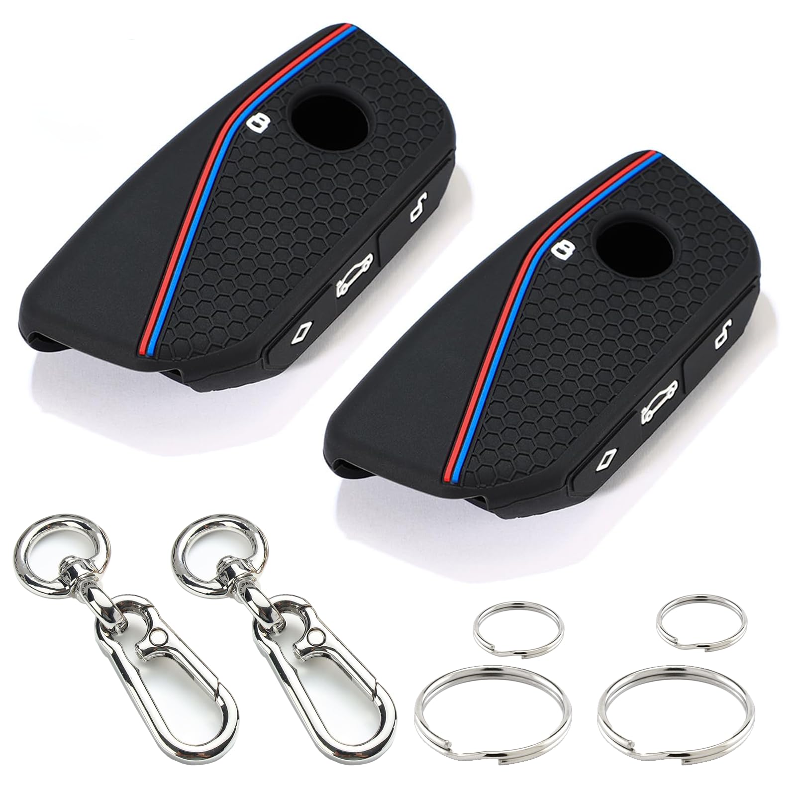 Photo 1 of 2 Pack Key Fob Cover for BMW- Soft Silicone Key Case for BMW 2024 2023 2025 7 Series IX I5 M60 X5 X7 X6 IX I7, 3 Button Car Key Protector with 2 Keychain, 4 Rings, Black