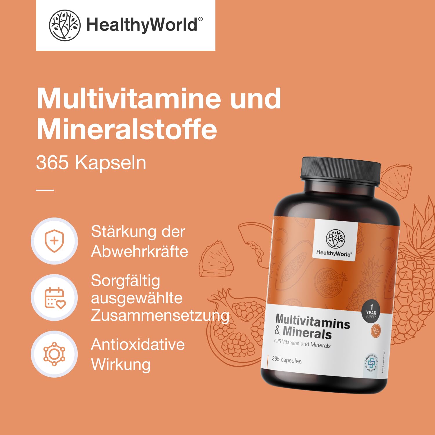 HealthyWorld Multivitamine & Mineralstoffe - 25 Vitamine & Mineralstoffe - 365 Kapseln - Jahresvorrat - Pflanzenkapseln - Immunsystem - mehr Energie- wertvolle Vitamine A-Z - Für Männer & Frauen 3