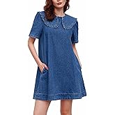 Kedera Womens Denim Mini Dress 2025 Peter Pan Collar Short Sleeve Casual Summer Babydoll Jean Dress with Pockets