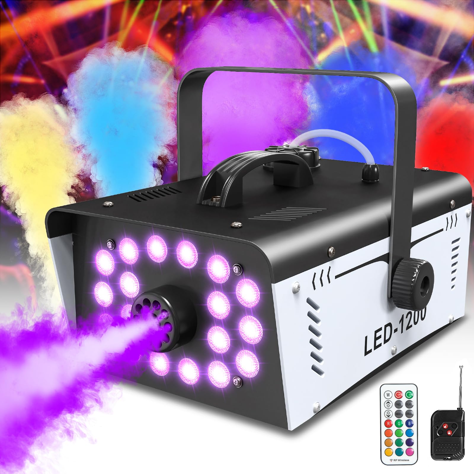 Photo 1 of 1200W Fog Machine Halloween Outdoor with 18 LED Lights 6000CFM Smoke Machine Fog Indoor with Remote for Wedding Party DJ Disco Stage