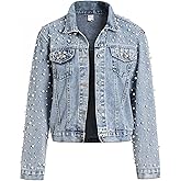 LifeShe Women's Pearls Denim Jacket Cropped Rhinestones Jean Jacket Coat