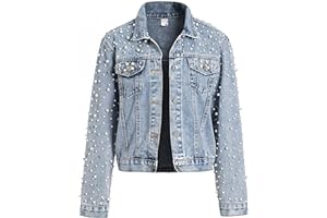 LifeShe Women's Pearls Denim Jacket Cropped Rhinestones Jean Jacket Coat