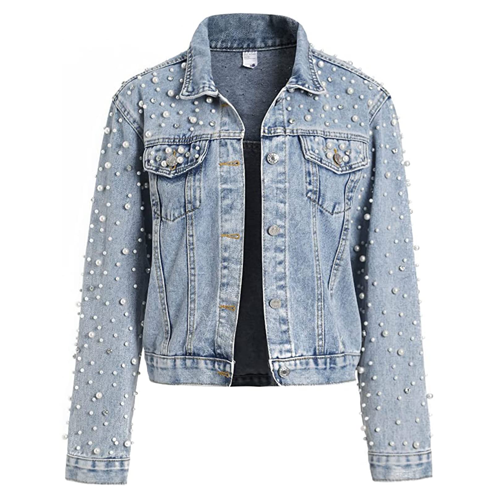 Photo 1 of LifeShe Women's Pearls Denim Jacket Cropped Rhinestones Jean Jacket Coat