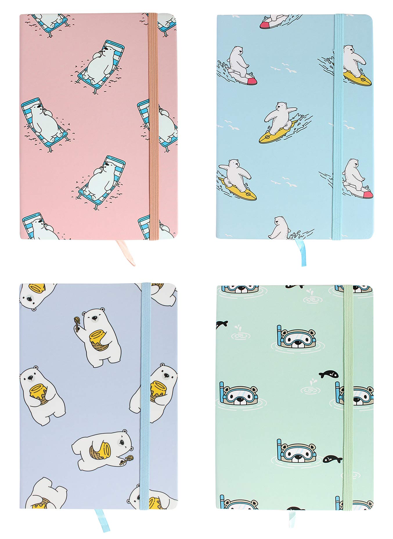 Emartbuy Polar Bear Hard Cover Exercise Book Diary Notebook Notepad Writing Journal Ruled A5 Size 96 Sheets (192 Pages) - Set of 4