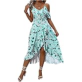 Floerns Women's Floral Ruffle Sleeve Midi Dress Asymmetrical Hem Boho A Line Dresses