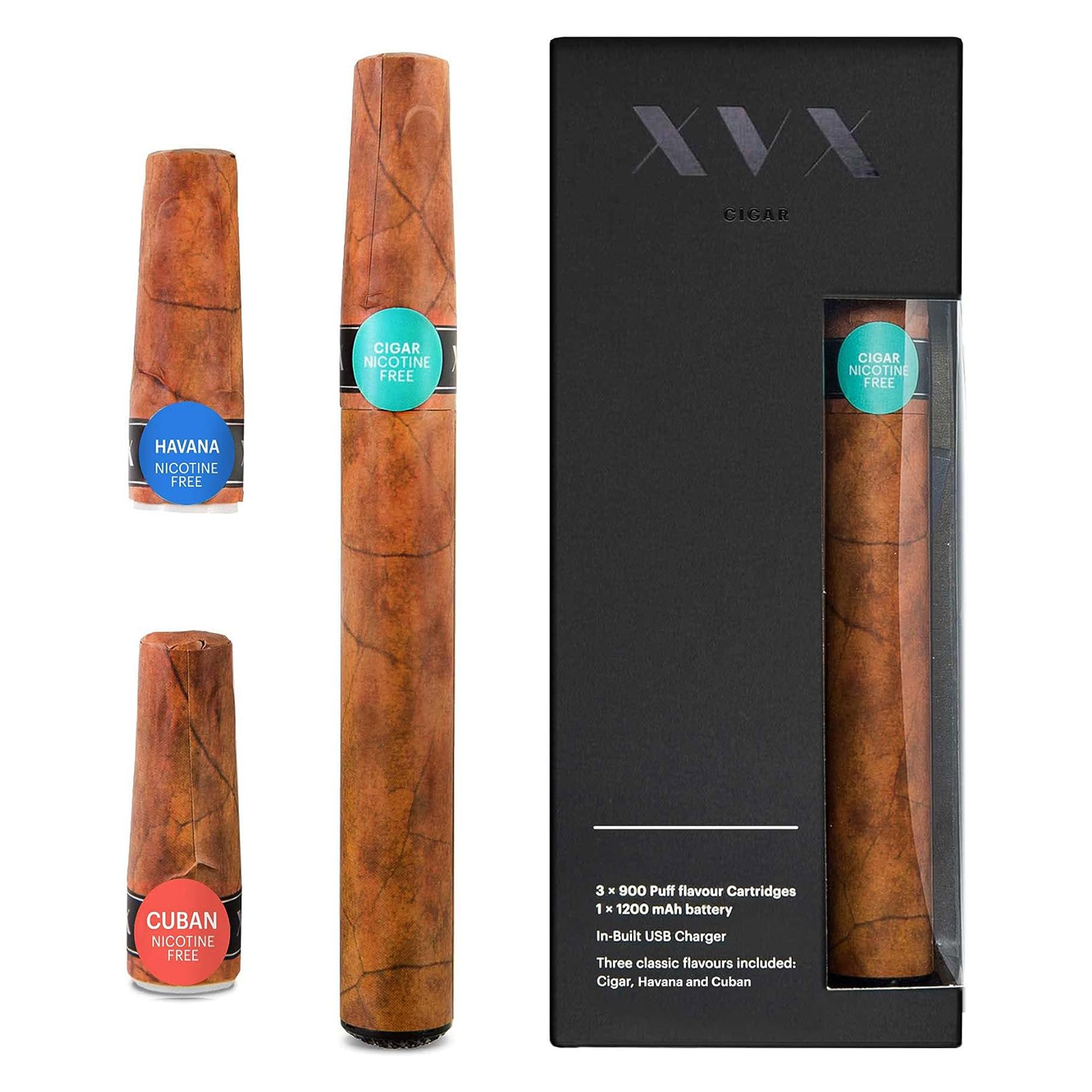 XVX E-Cigar Starter Kit - 3 Flavours: Cigar, Havana & Cuban - 2700 Puffs (≈900/Cartridge) - USB Type-A Rechargeable - Nicotine-Free, Odourless, Smoke-Free