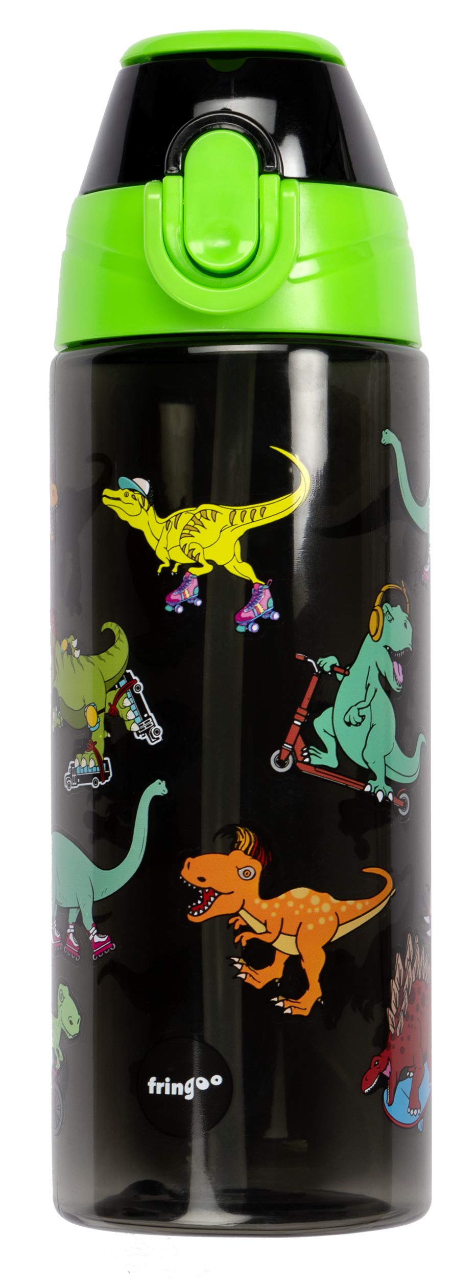 Fringoo - 600ml Kids Water Bottle with Straw & Fliptop Lock - 100% Leakproof - BPA Free 600ml Kids Water Bottle for School - Dinosaur Skaters