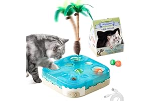 Migipaws 7-in-1 Interactive Cat Toy Motion Activated Indoor Playset with Automatic Pop Bounce Cat Ball, Feather Palm Tree Wand, Catnip Ball & Self-Grooming Cardboard House Rechargeable