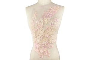 BETITETO 3D Flower Sequin Beaded Embroidery Lace Applique Sew on Embroidered Patches for Wedding Bridal Dress Gown Bodice Costume Craft DIY (Mermaid Pink-2)