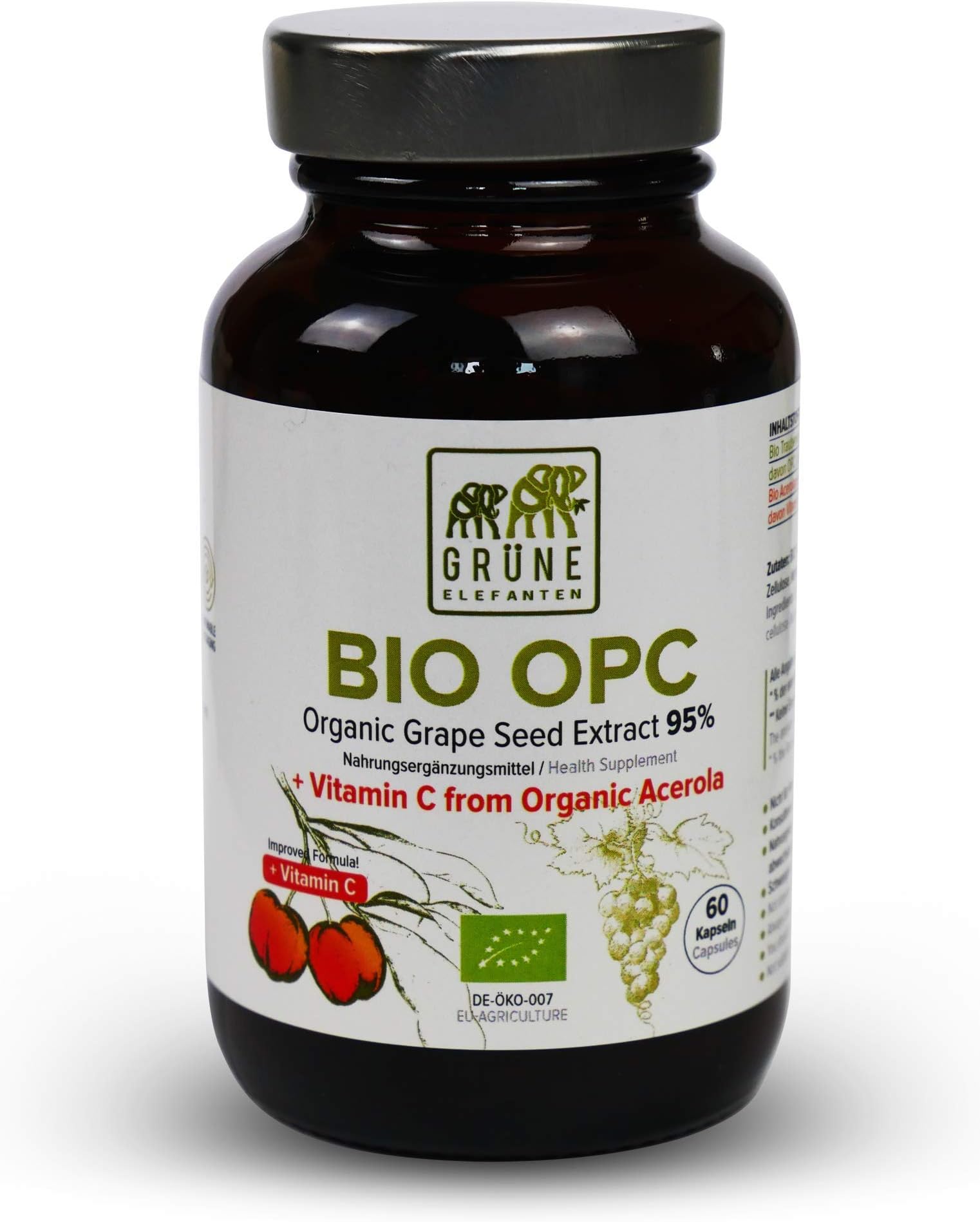 Organic Grape Seed Grapeseed Extract 410mg OPC Capsules - Vitamin C, Acerola & Proanthocyanins Antioxidants - French Vineyard Organic Grapes Supplement - 60 Capsules