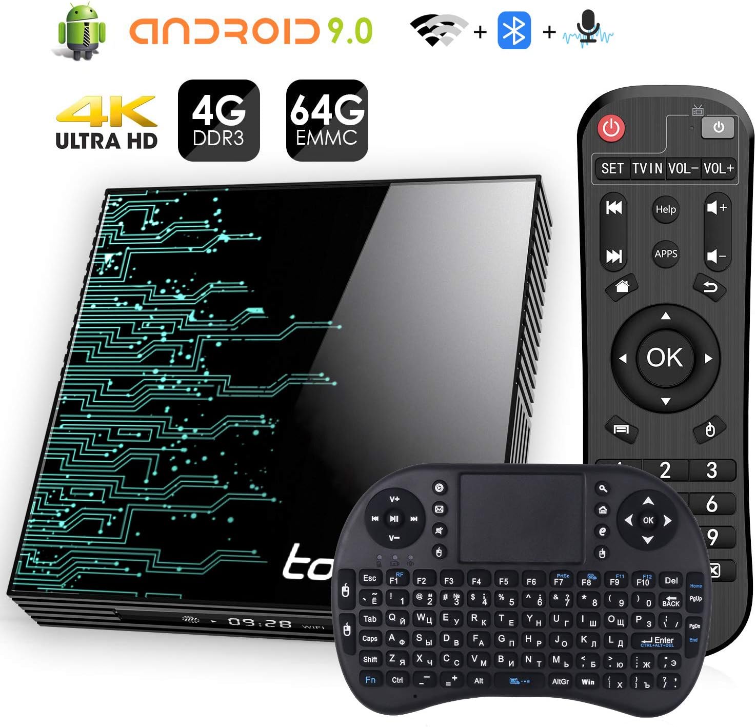Android 9.0 TV Box, YYQ TP01 Android TV Box 4GB RAM 64GB ROM, Dual-WiFi 2.4GHz/5GHz Bluetooth Quad Core 64 Bits 3D/4K Full HD/H.265/USB3.0 BT 4.0 Smart TV Box