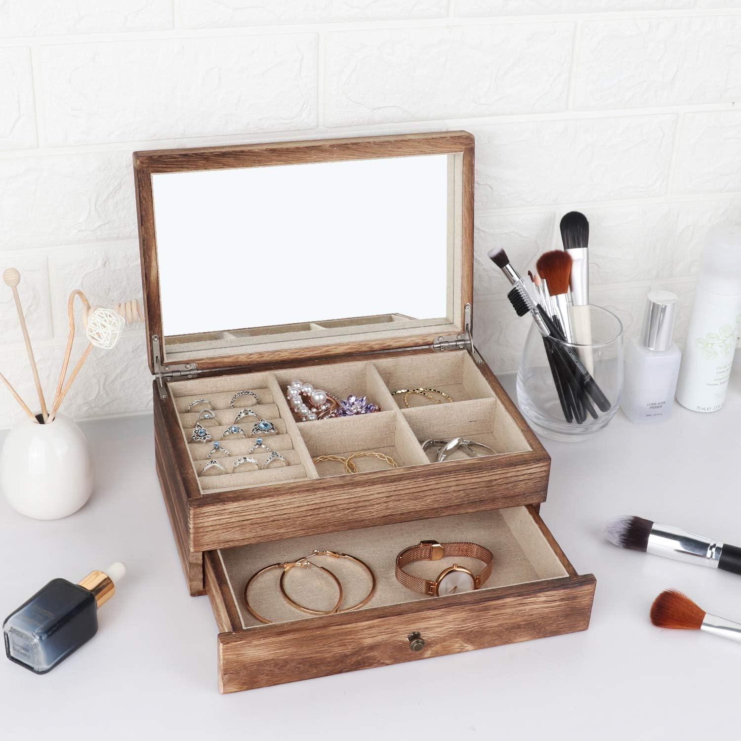 Meangood Jewelry Organizer Box Two-Layer, Jewelry case for Women, Wood Display Case with Mirror&Ring Tray, Vintage Style Torched Wood: Home Improvement