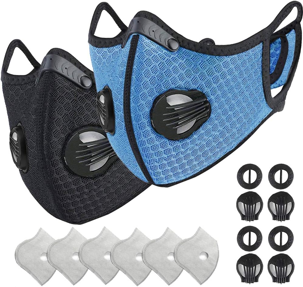 Dust Mask Dustproof Activated Carbon Fold-Flat Face Masks Respirator Anti Pollution Extra Filter Cotton Sheet Valves Pollen Allergy/Mowing/PM2.5/Running/Welding/Particulate/Two pieces-Black/Blue