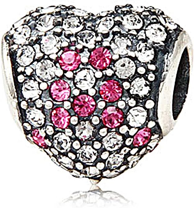 Everbling Heart with Paved Clear Austrian Crystal Pink Ribbon Breast Cancer Awareness 925 Sterling Silver Bead Fits Pandora Charm Bracelet