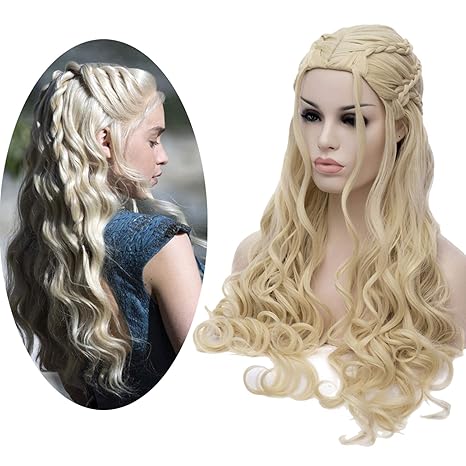 Perücke Damen Cosplay Game of Thrones Daenerys Targaryen Zöpfen Geflochten Lang Locken wellig Perücken Wig DE014A