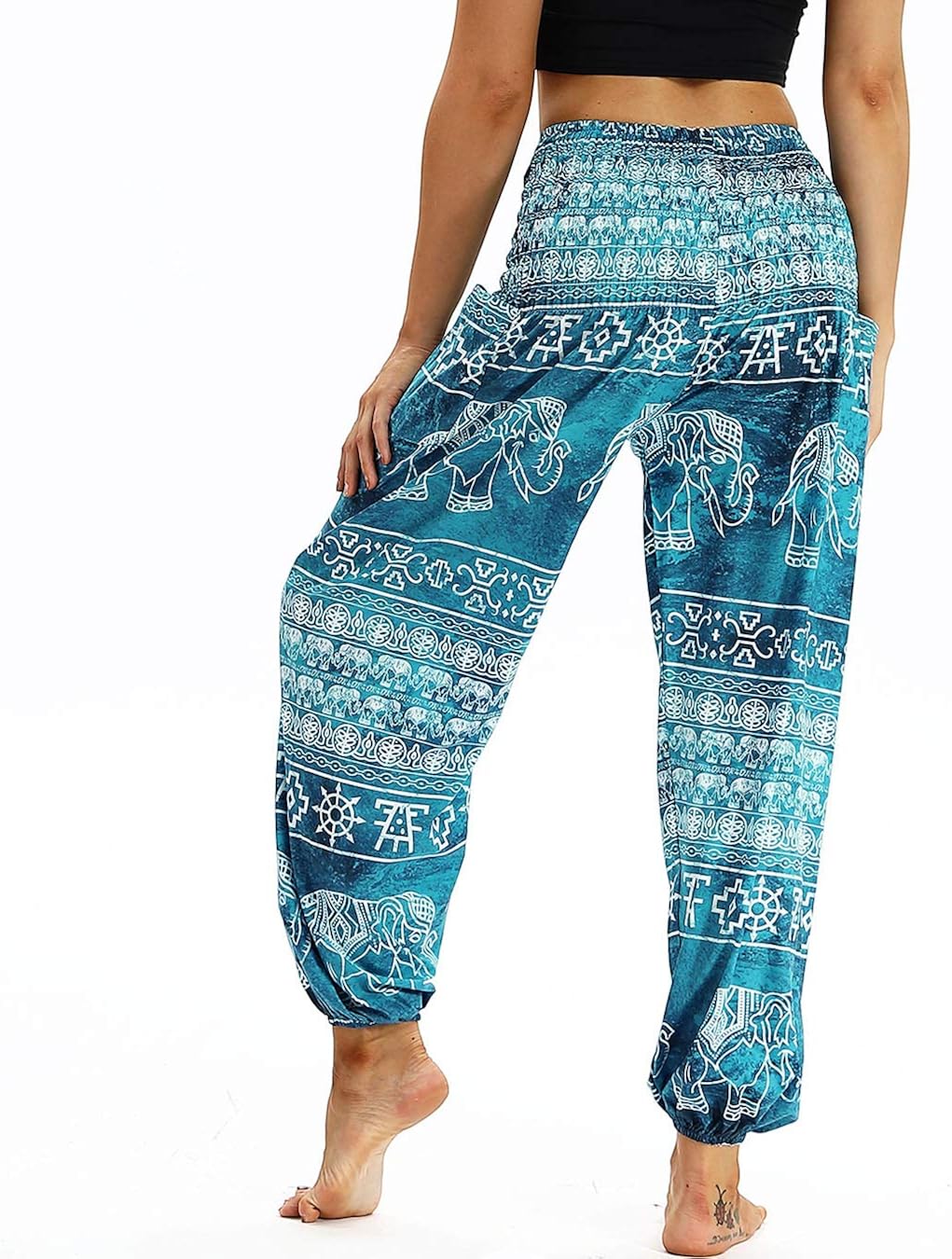 Nuofengkudu Women's Harem Hippie Pants Baggy Boho Patterned High Waist Smocked Waist Thin with Pockets Lounge Trousers for Yoga Summer Beach (One Size - Image 5