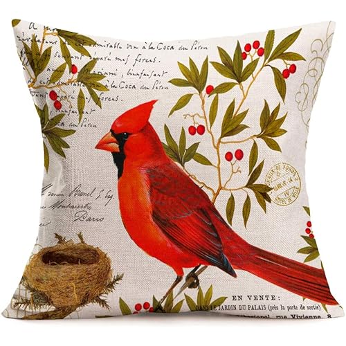 Asamour Pillow Cases Red Bird with Nest Cotton Linen Throw Waist Pillow Case Cushion Cover Quotes Decorative Square Home Farmhouse Pillow Sham 18x18 Inches (Cardinal Nest)
