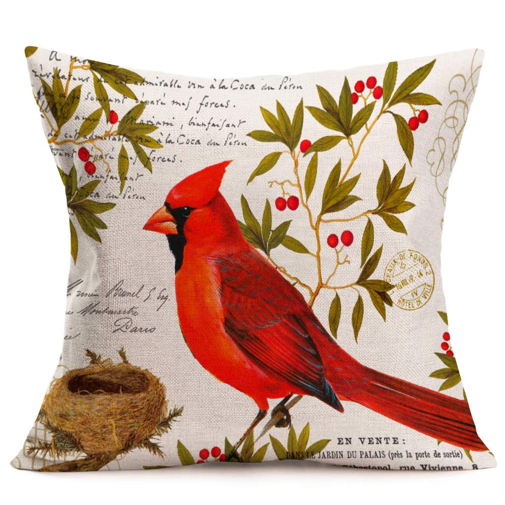 Asamour Pillow Cases Red Bird with Nest Cotton Linen Throw Waist Pillow Case Cushion Cover Quotes Decorative Square Home Farmhouse Pillow Sham 18x18 Inches (Cardinal Nest)