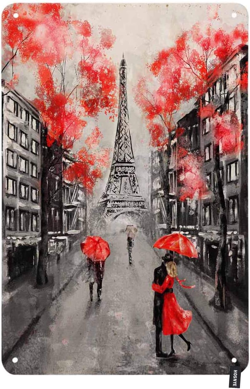 HOSNYE Oil Painting Paris Street Tin Sign Eiffel Tower Couple Under an Red Umbrella on Street Vintage Metal Tin Signs for Men Women Wall Art Decor for Home Bars Clubs Cafes 8x12 Inch