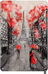 HOSNYE Oil Painting Paris Street Tin Sign Eiffel Tower Couple Under an Red Umbrella on Street Vintage Metal Tin Signs for Men Women Wall Art Decor for Home Bars Clubs Cafes 8x12 Inch
