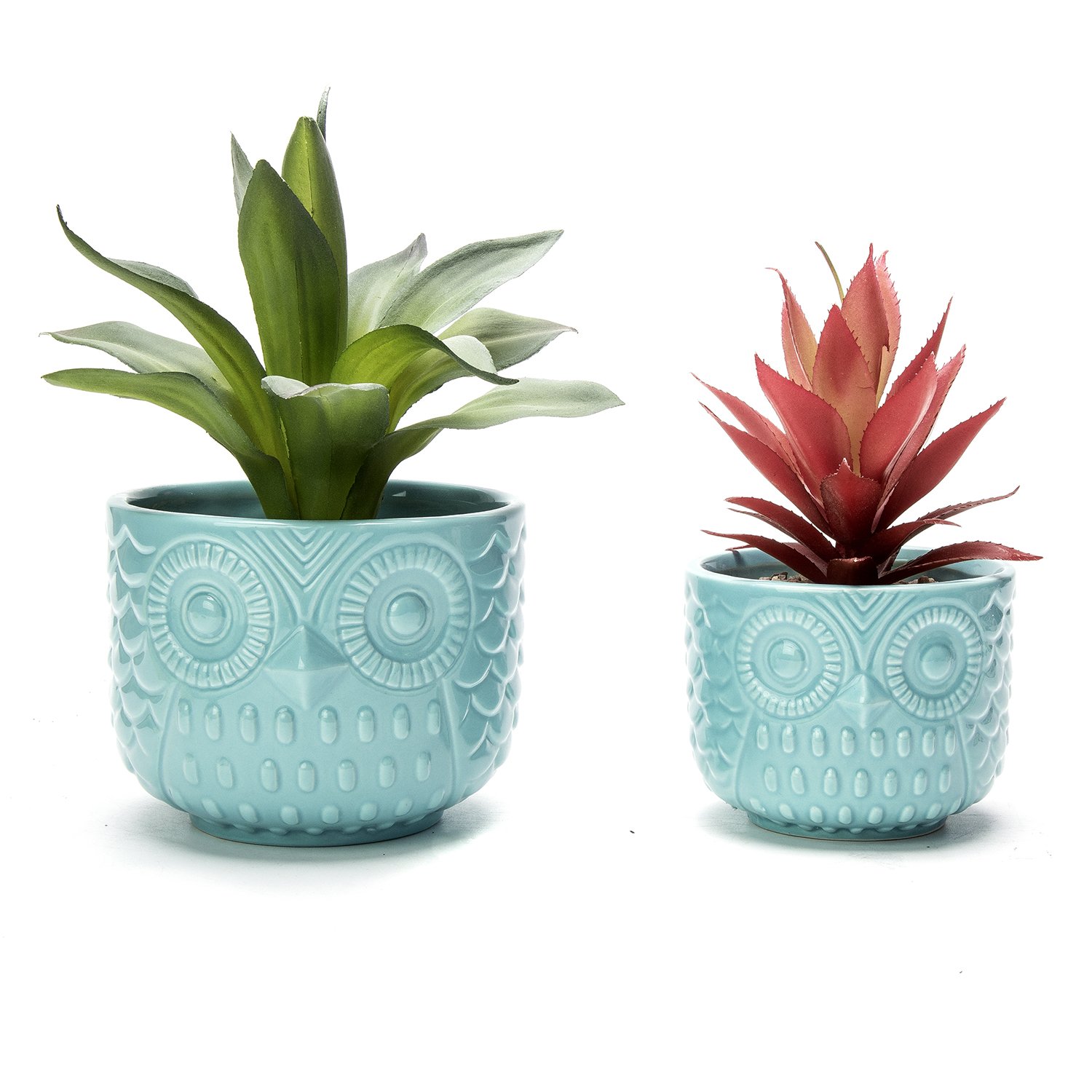 Nattol Owl Succulent Planter, Turquoise Animal Ceramic Planter Pots with Drainage, Set of 2