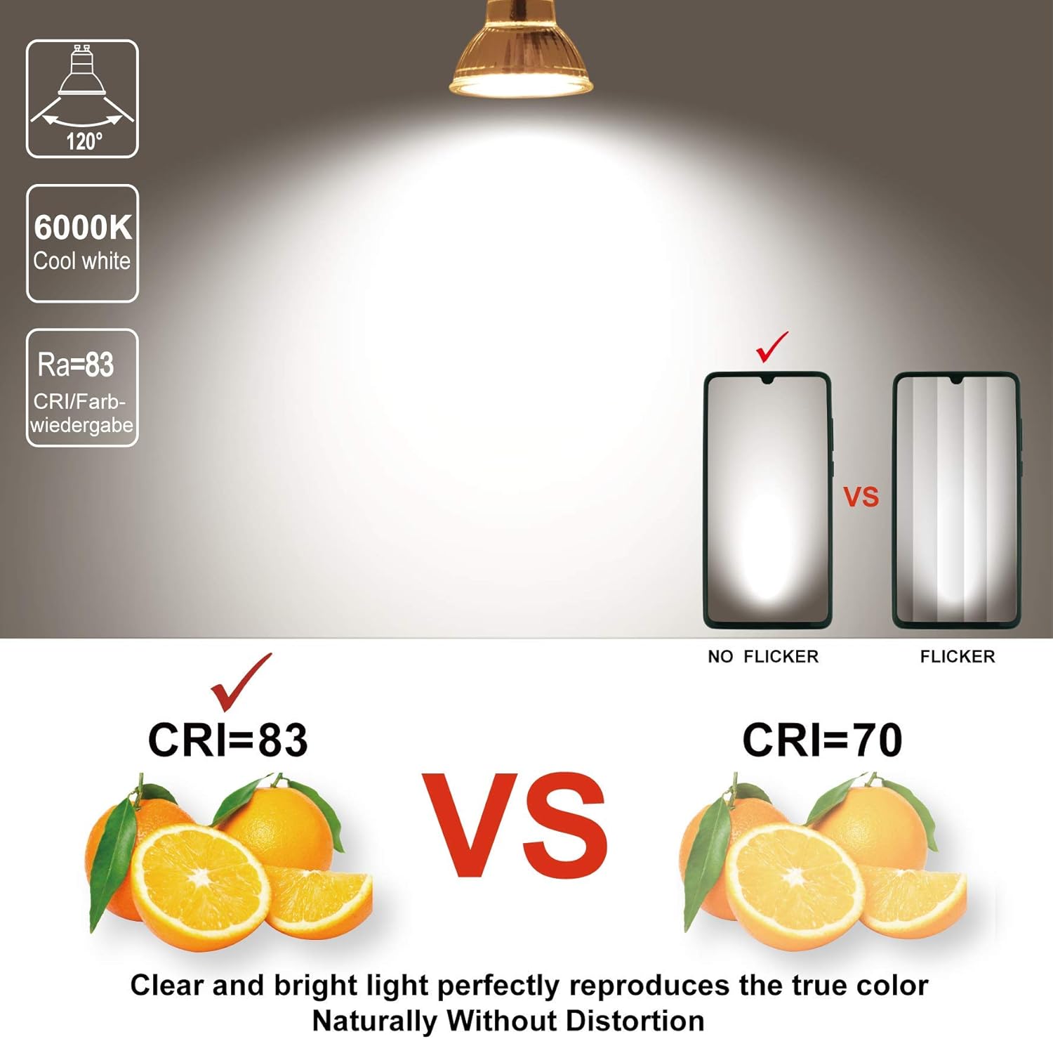 EACLL GU10 LED Bulb Cool White 6W Equivalent 90W Halogen, 6-Pack, 850 Lumens 6000K, AC 230V No Flicker Spotlight - Image 3