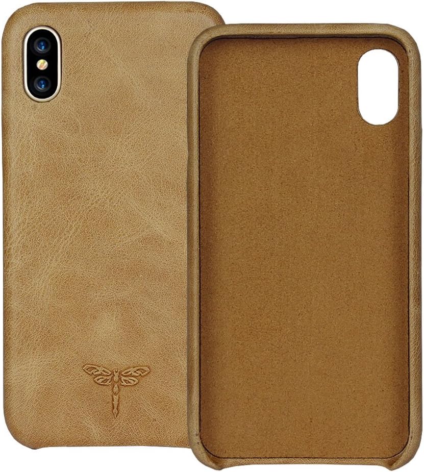 iPhone X Case Genuine Leather Hard Back Case FRIFUN Thin Fit Snap Case Excellent Grip for Apple 5.8" iPhone X - Khaki