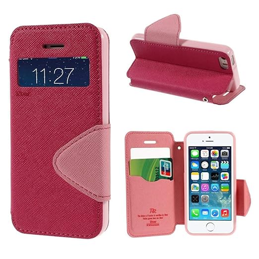 NessKa® Hülle für iPhone SE / 5S / 5 Handyhülle mit Fenster Schutzhülle Flip Cover Etui Klappbar aus Kunst Leder Book Klapphü