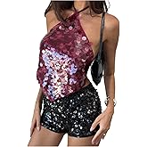 MakeMeChic Women's Sequin Sparkly Halter Crop Tops Tie Open Back Sleeveless Y2K Party Outfits