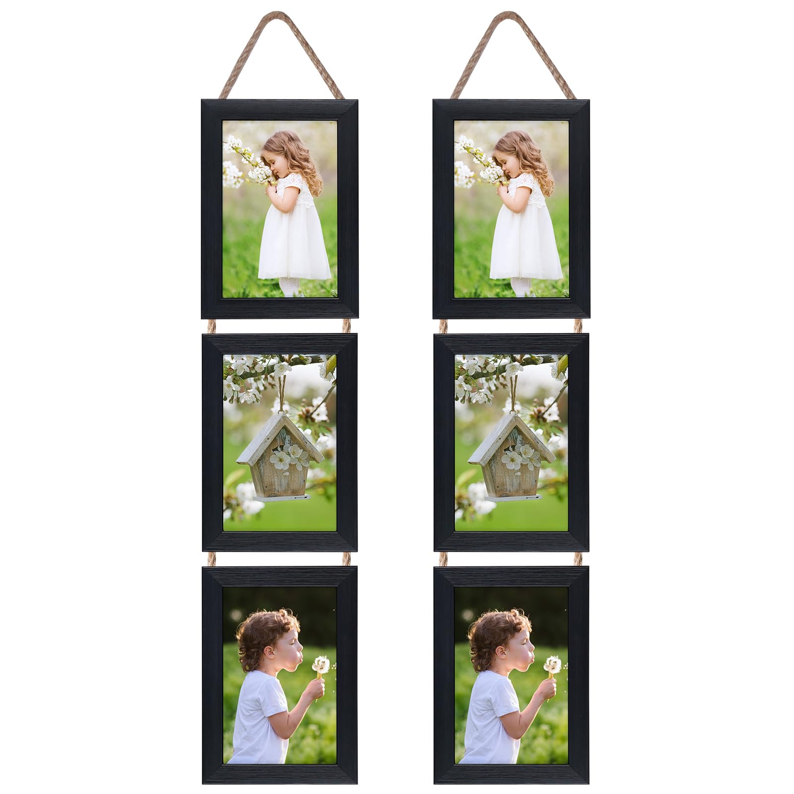 EYMPEU 6x4 Photo Frames with Twine Set of 2, Triple Vertical Black Picture Frame 6x4 for Hanging in Living Room, Bedroom, Office