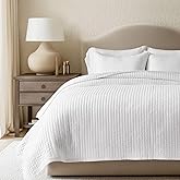 EVERGRACEHOME Cotton Sateen Quilt Set Queen Size, Pre-Washed Cotton Channel Stitch Coverlet Bedspread, 3 Pieces Lightweight Soft Bedding Sets for All Season, with 2 Pillow Shams, Bright White