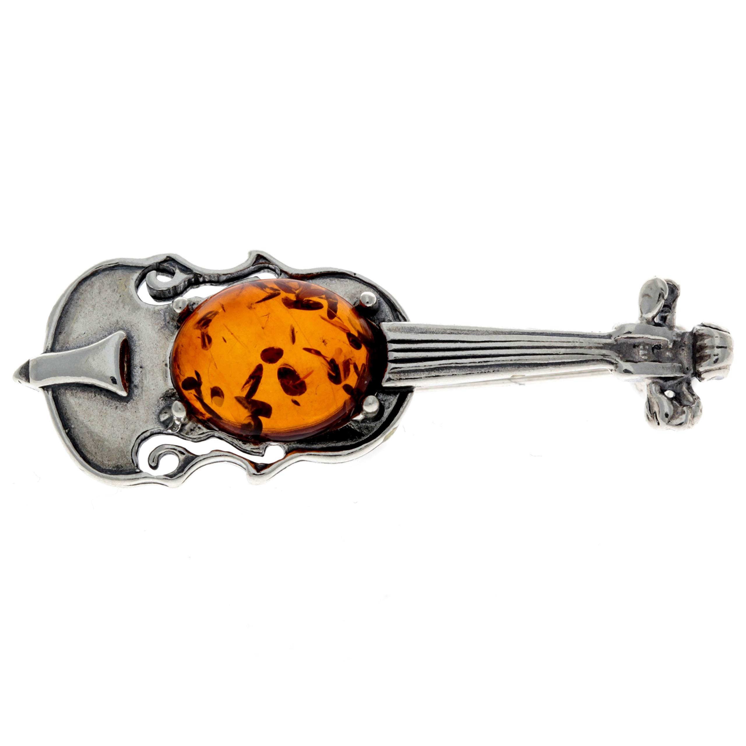 SilverAmber Jewellery Genuine Cognac Baltic Amber & 925 Sterling Silver Violin Brooch - 4106