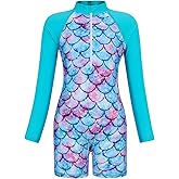 AmzBarley Girls Swimwear Mermaid Rash Guard Shirt One Piece Swimsuit Kids Fish Scale Bathing Suit UPF 50+ Sunsuit 2-10 Years