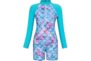 AmzBarley Girls Swimwear Mermaid Rash Guard Shirt One Piece Swimsuit Kids Fish Scale Bathing Suit UPF 50+ Sunsuit 2-10 Years