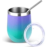 Volhoply 12oz Stainless Steel Wine Tumbler with Lid and Straw,Double Wall Vacuum Insulated Stemless Wine Glasses,Reusable Travel Coffe Mug for Cold Drinks,Tumblers Gifts for Women(Purple Green,1 Set)